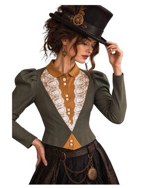 Victorian Choice Edwardian Jacket Size Medium Lace Trim Puff Shoulders Green